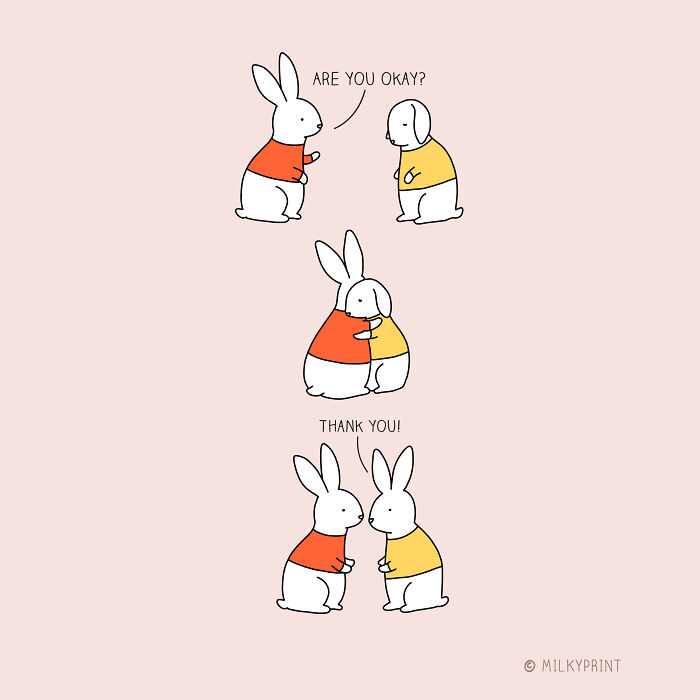 Wholesome illustrations showing a bunny comforting a dog and reminding to be thankful for small things in life.