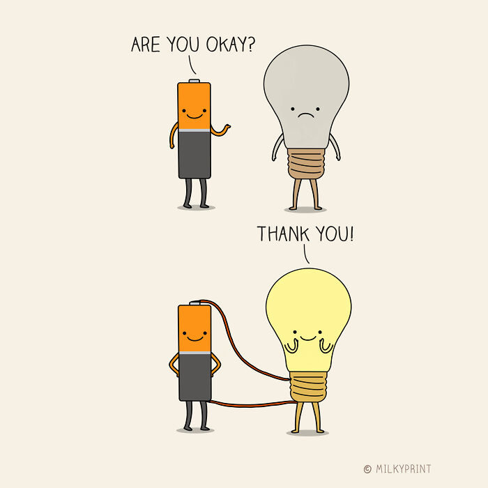 Wholesome illustration of a battery cheering up a light bulb, reminding to be thankful for small things in life.