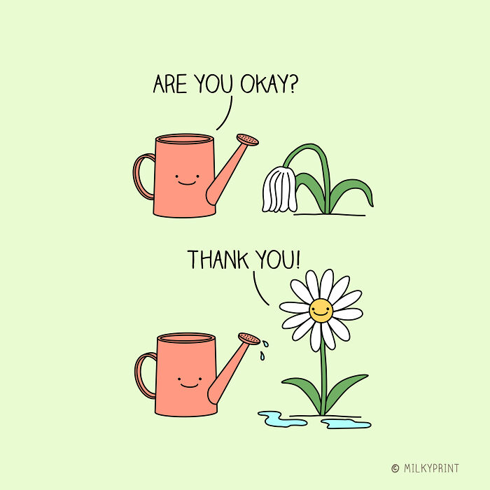 Wholesome illustration of a watering can nurturing flowers, a gentle reminder to be thankful for small things in life.