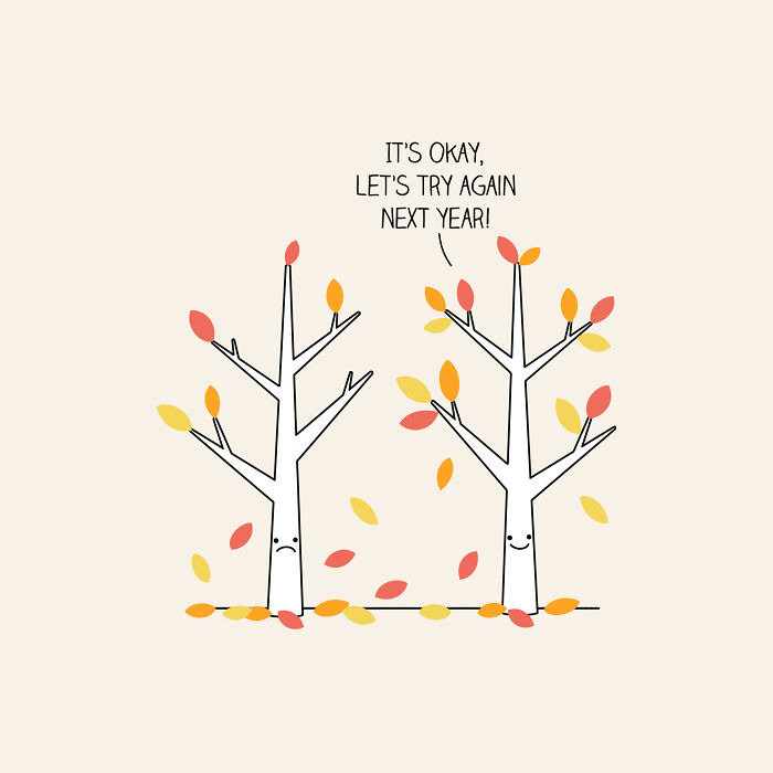 Wholesome illustration of two trees with autumn leaves, one sad and one encouraging, reminding to be thankful for small things.