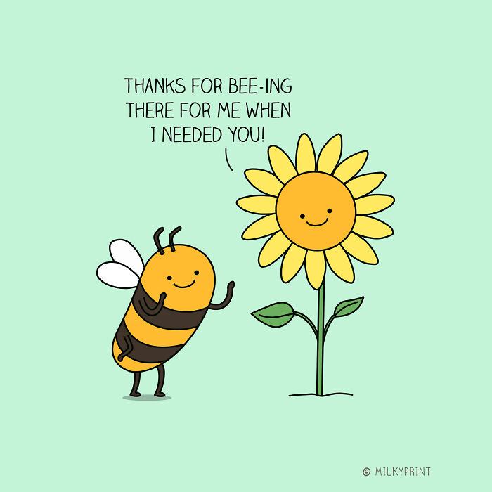 Wholesome illustration of a smiling bee thanking a happy sunflower, reminding to be thankful for the small things in life.