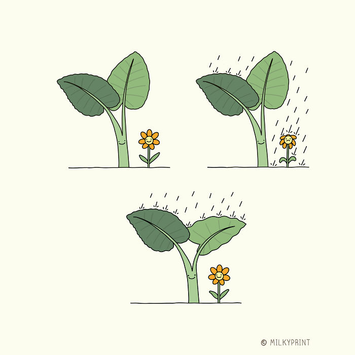 Wholesome illustrations of a smiling plant shielding a small flower from rain, reminding to be thankful for small things in life.