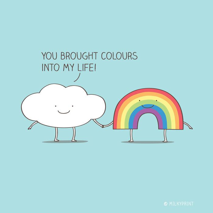 Wholesome illustration of a smiling cloud and rainbow holding hands, reminding to be thankful for small things in life.