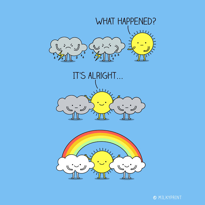 Wholesome illustration showing sun and clouds transforming rain into a rainbow, reminding to be thankful for small things in life.