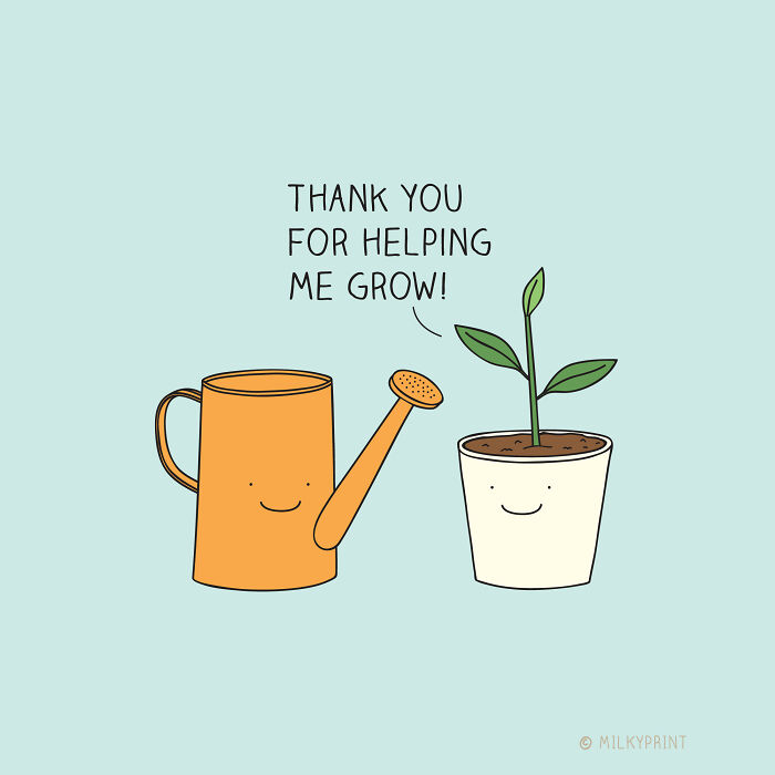 Wholesome illustration of a watering can and a growing plant with a message about gratitude and small things in life.
