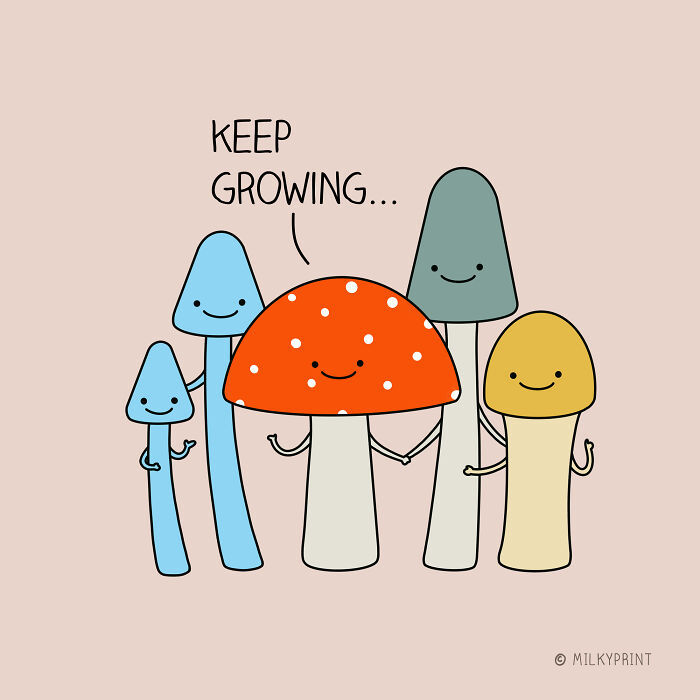 Wholesome illustration of smiling mushrooms holding hands with a message to keep growing, symbolizing gratitude for small things in life.