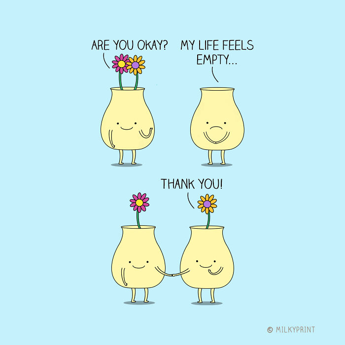 Wholesome illustrations of vases reminding to be thankful for small things in life with simple, heartfelt dialogue.