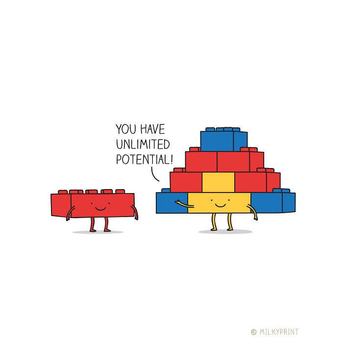 Wholesome illustration of building blocks with faces, one encouraging the other about unlimited potential and gratitude for small things.