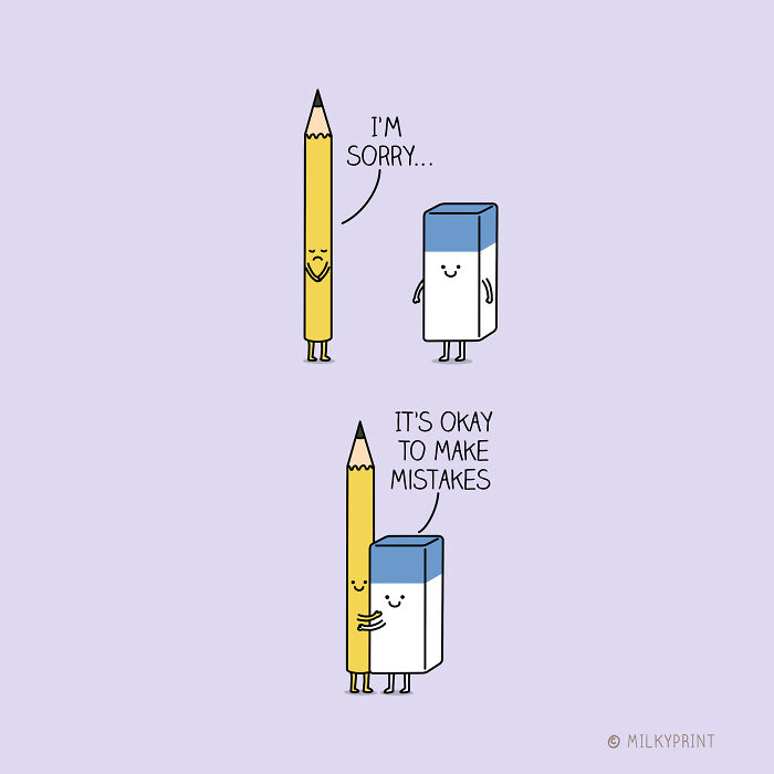 Wholesome illustration of a pencil and eraser showing forgiveness and gentle reminders to be thankful for small things.