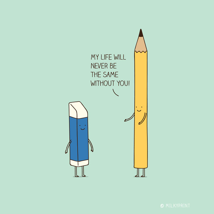 Wholesome illustration of a smiling pencil and eraser with a gentle reminder to appreciate small things in life.