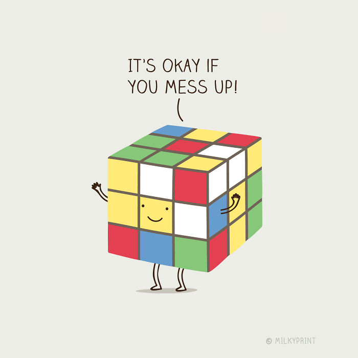 Wholesome illustration of a smiling Rubik's cube with encouraging message reminding to be thankful for small things.