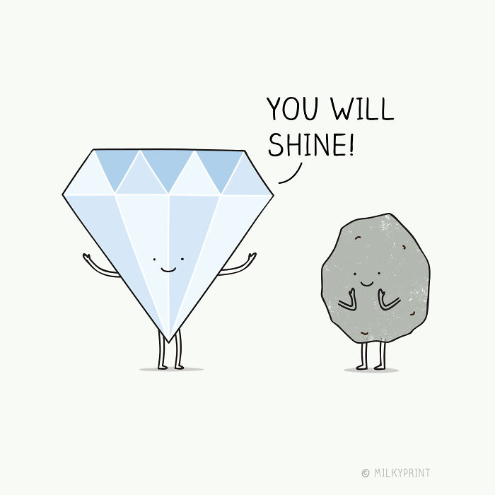 Wholesome illustration of a diamond encouraging a small rock with gentle reminders to appreciate the small things in life.