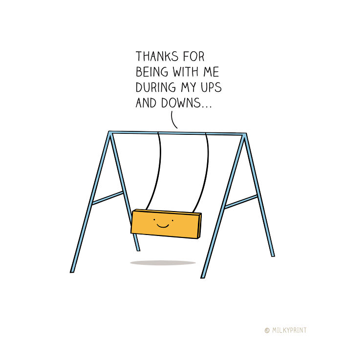 Wholesome illustration of a smiling swing with a message reminding to be thankful for the small things in life.