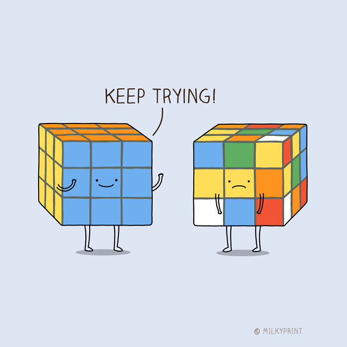 Two wholesome illustrated Rubik's Cubes with faces, one encouraging the other to keep trying as a gentle reminder.