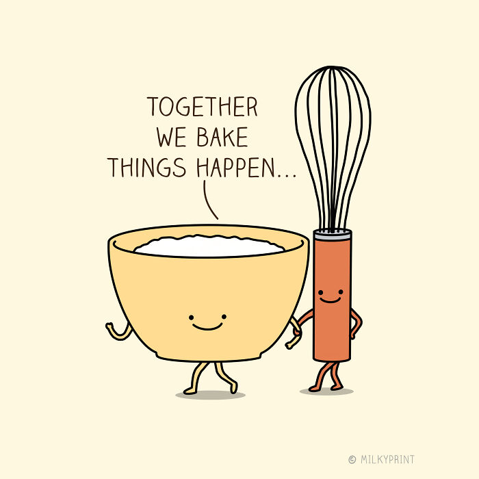 Wholesome illustration of a smiling bowl and whisk holding hands with message about baking and gratitude.