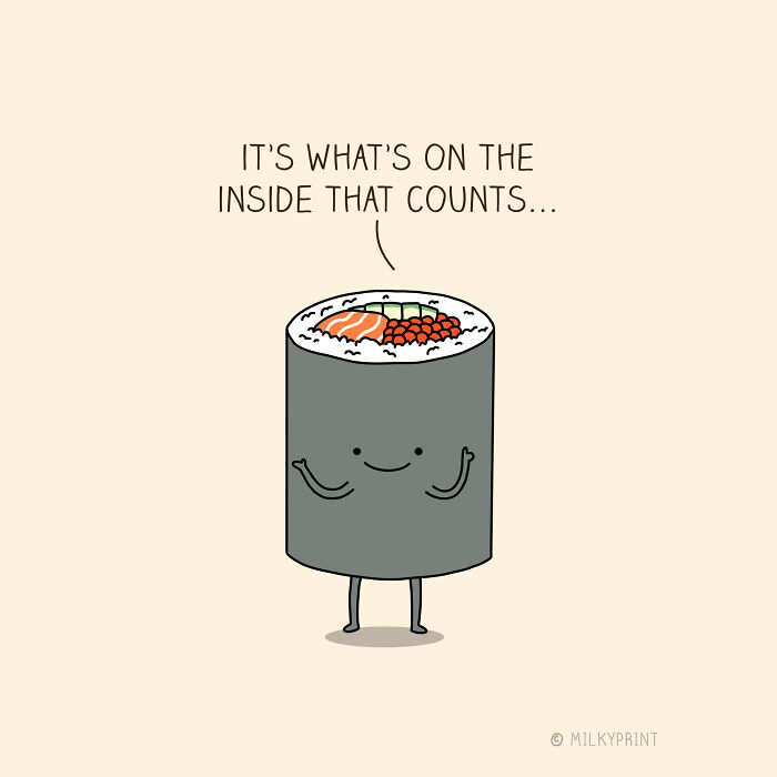 Wholesome illustration of a happy sushi roll with text reminding to be thankful for the small things in life.