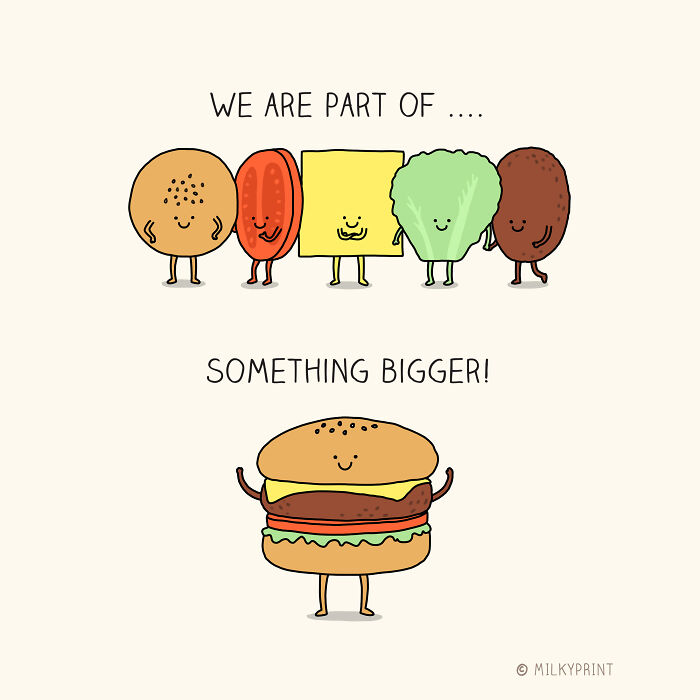 Wholesome illustration of burger ingredients with faces, reminding to be thankful for the small things in life.