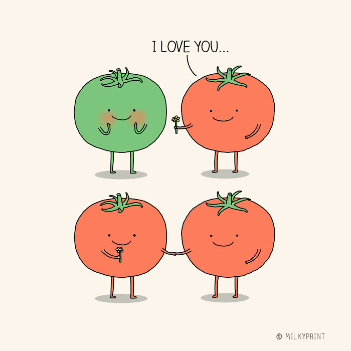 Wholesome illustration of smiling tomatoes sharing flowers as gentle reminders to be thankful for small things in life