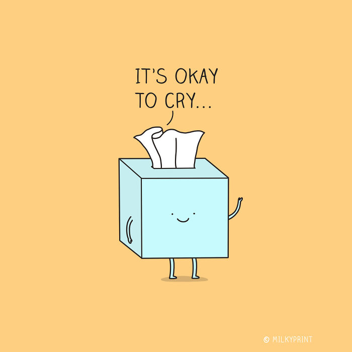 Wholesome illustration of a smiling tissue box saying it's okay to cry, reminding to be thankful for small things.