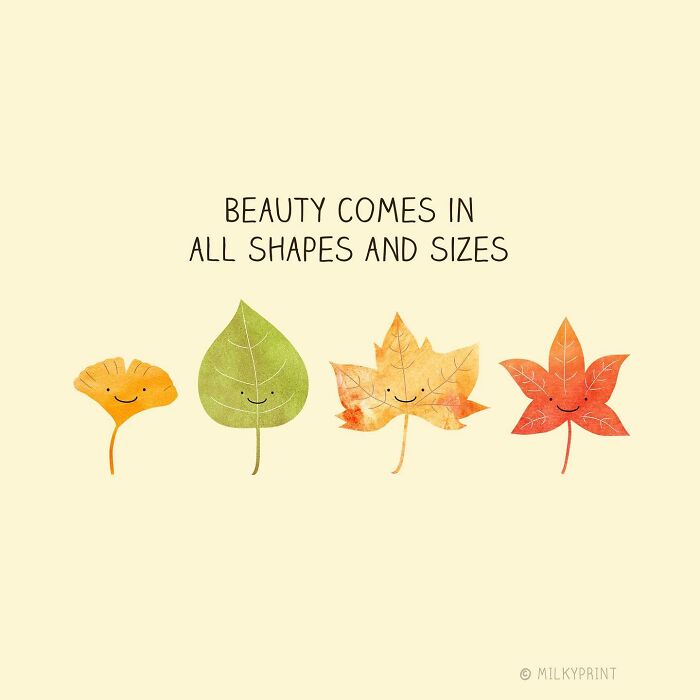 Wholesome illustration of smiling leaves in different shapes and sizes, reminding to be thankful for the small things in life.