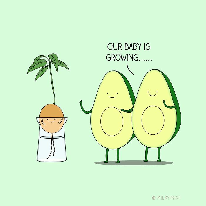Wholesome illustration of two smiling avocados and a growing avocado seed as gentle reminders to appreciate small things.