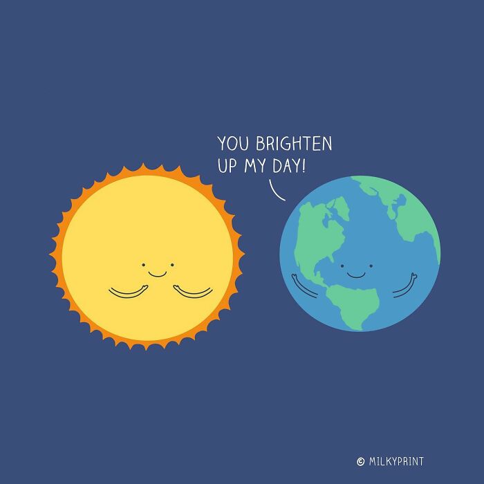Wholesome illustration of the sun and Earth sharing a gentle reminder to be thankful for the small things in life.