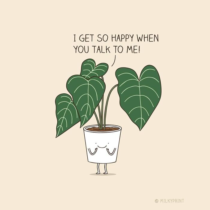 Wholesome illustration of a happy potted plant expressing joy, reminding to be thankful for the small things in life.
