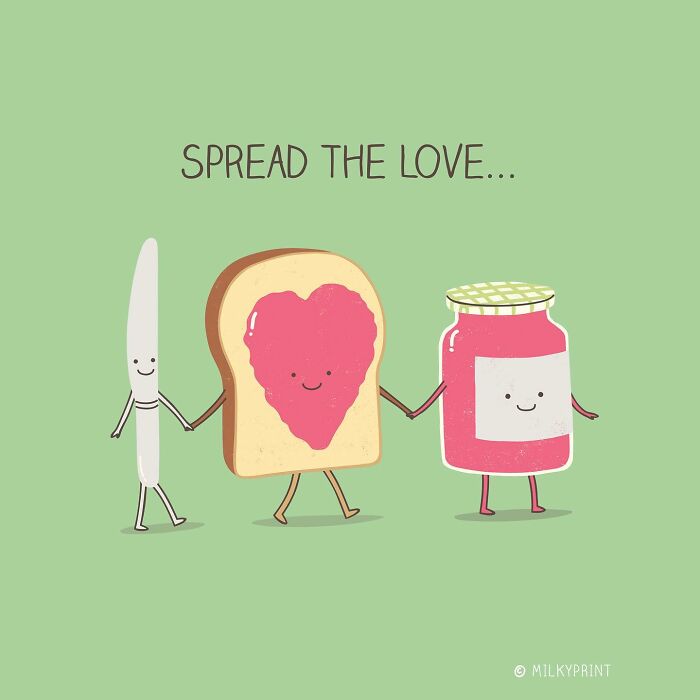 Wholesome illustration of a smiling knife, bread with heart-shaped jam, and jam jar spreading love on green background.