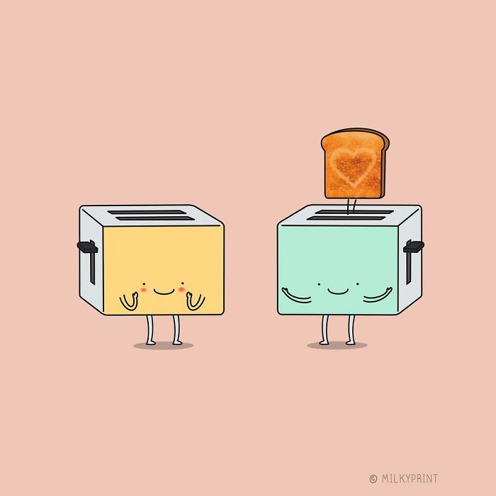 Two wholesome illustrations of smiling toasters, one with toast showing a heart symbol, reminding to be thankful for small things.