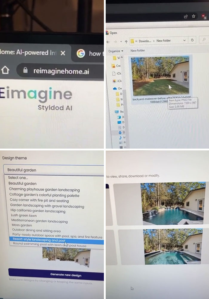 Screenshot collage showing AI-powered website reimaginehome.ai generating backyard landscaping designs featuring pools, highlighting popular websites.