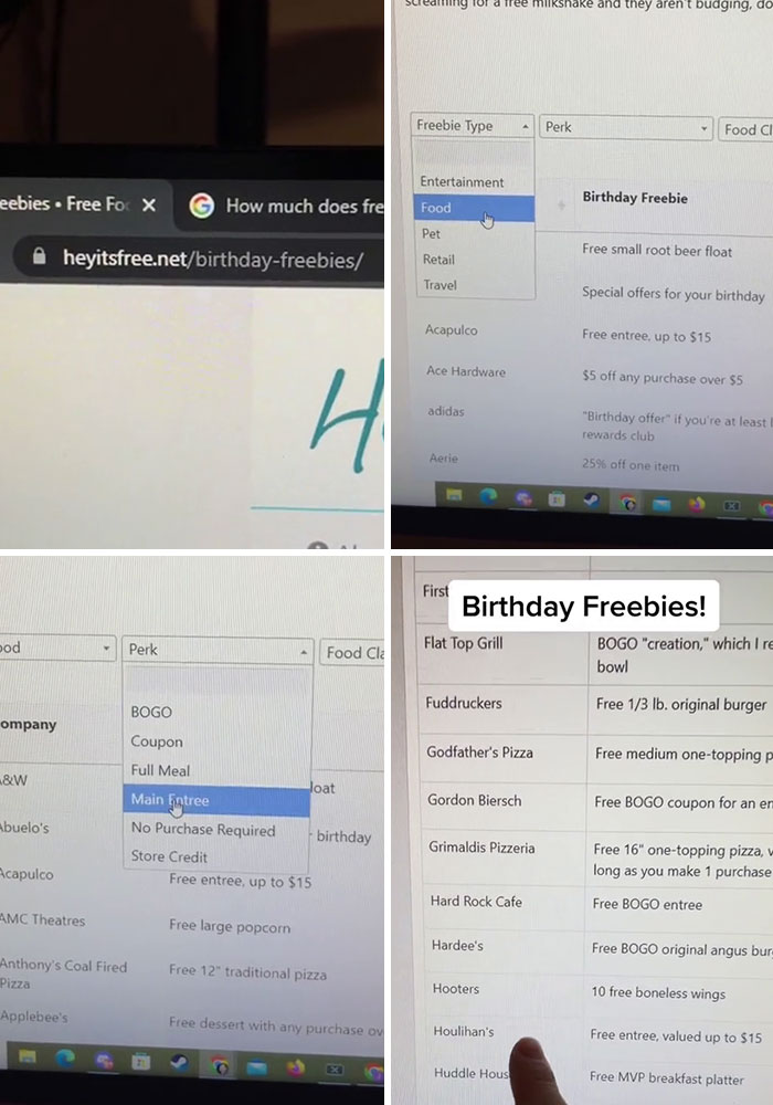Screenshot collage showing websites listing birthday freebies and deals, highlighting free food offers and perks on TikTok.