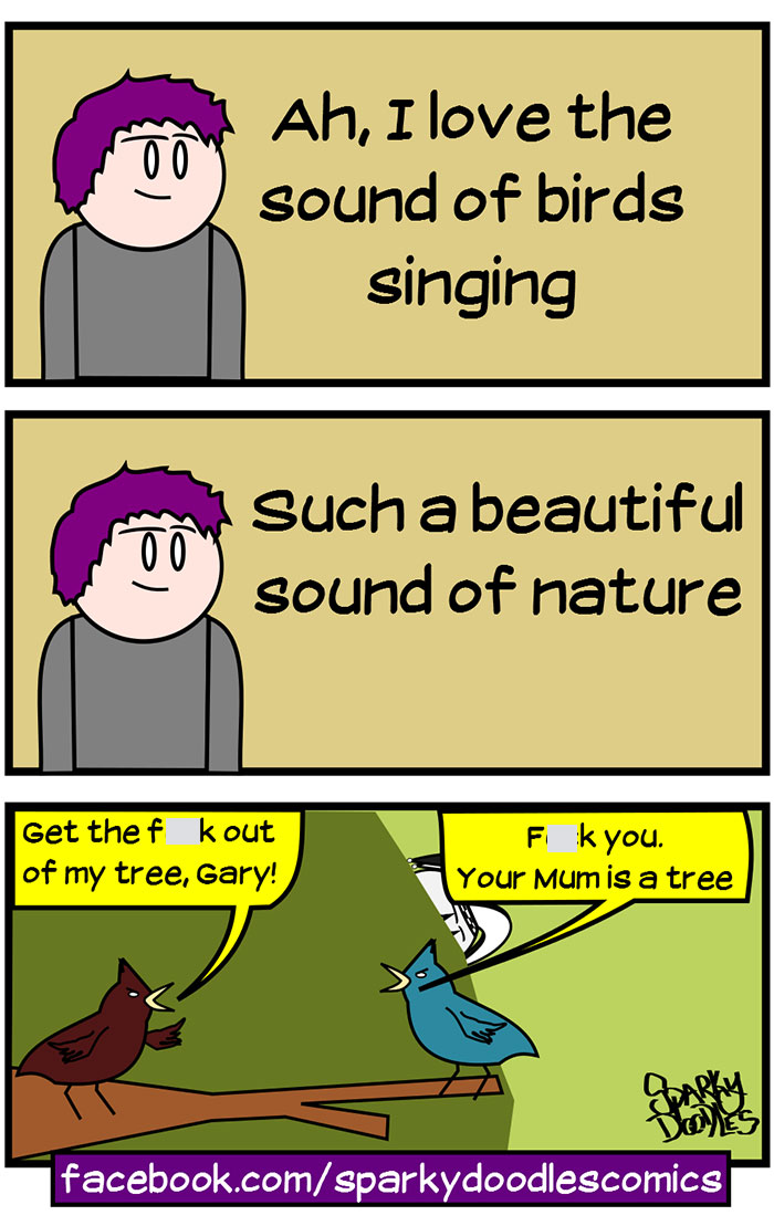 Cartoon of person enjoying birds singing humorously arguing, combining animals and humor.