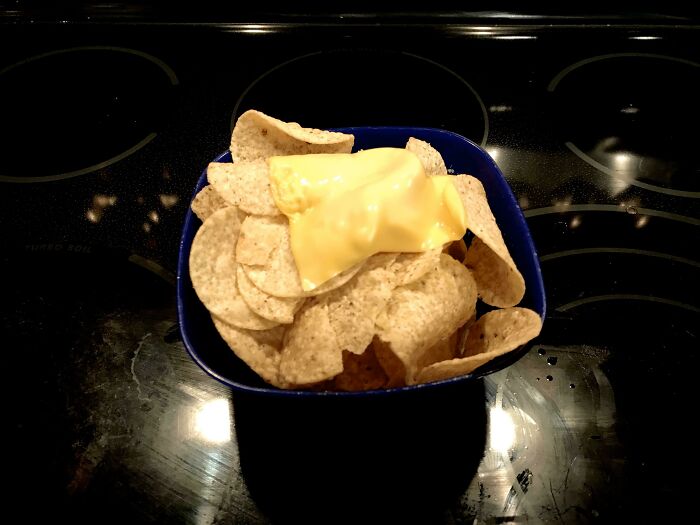Bowl of unappetizing food: plain tortilla chips with a slice of cheese on top.