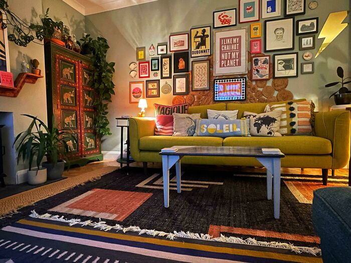 Wall of posters on the living room 