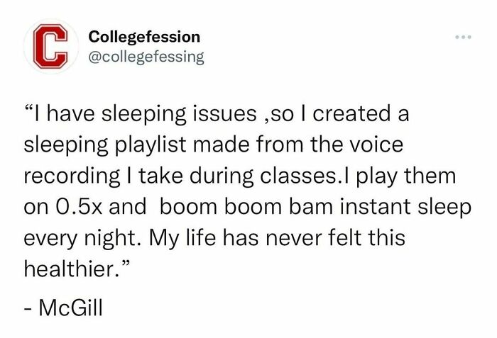 Screenshot of an anonymous student confession from a popular Instagram page sharing unique sleeping hacks.