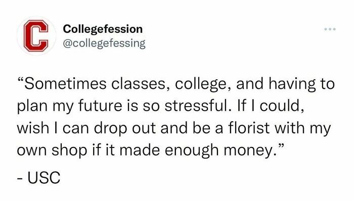 Anonymous student confession about college stress and future plans from a popular Instagram page for student confessions.