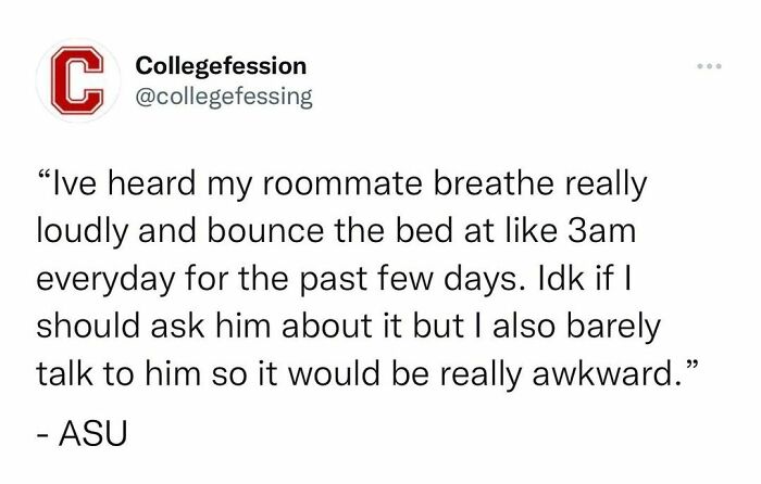 Screenshot of an anonymous student confession on Instagram about awkward roommate behavior late at night.