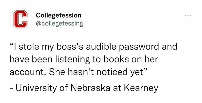 Anonymous student confession on Instagram about stealing boss's Audible password and listening to books unnoticed.