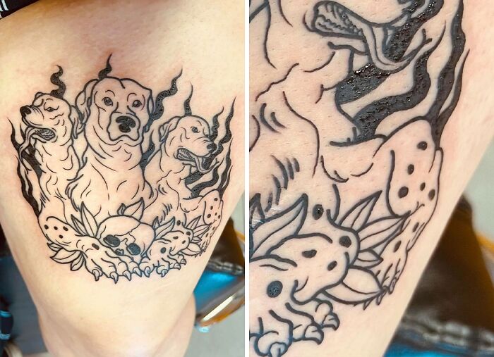 Tattoo fail showing three dogs with distorted features and unclear details on a person's upper arm.