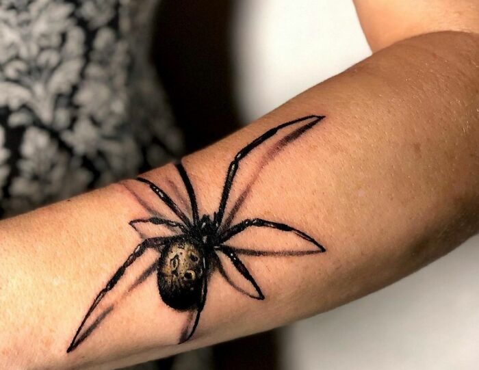 Optical illusion tattoo of a realistic spider on a person's arm, showcasing eye and mind-bending design.