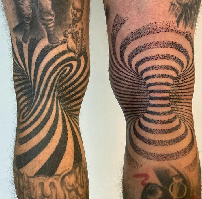 Optical illusion tattoos with swirling patterns on both legs, creating a mind-bending visual effect.