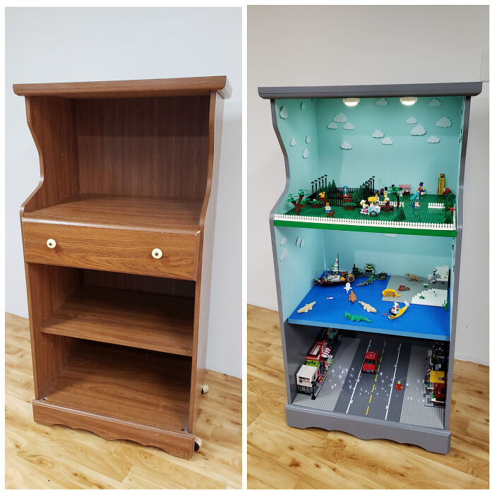 Transformé un viejo carrito de microondas en un soporte rodante de LEGO para mis hijas por Navidad