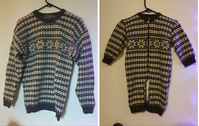 Suéter no usado desde 1996 y una cremallera de un bolso viejo = mameluco de lana para mi hijo