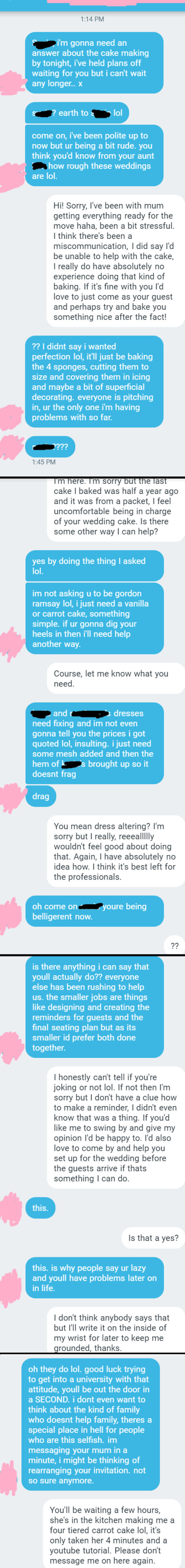 My Crazy Aunt Expected Me To Bake Her Wedding Cake, Make Her Dresses And Do Her Seating Plan. (Spoilers: I Didn't)