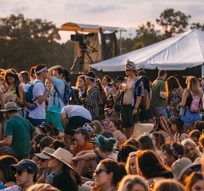a lot of people sitting or standing on the outdoor concert