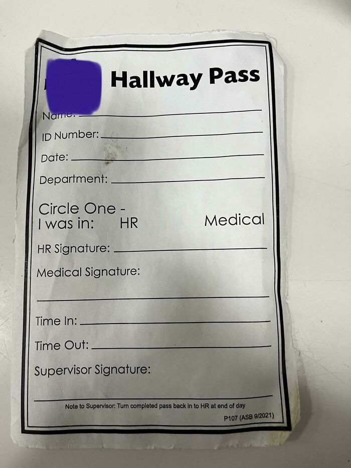 Hallway pass form with HR and medical options, showing a delusional note from a boss in a workplace setting