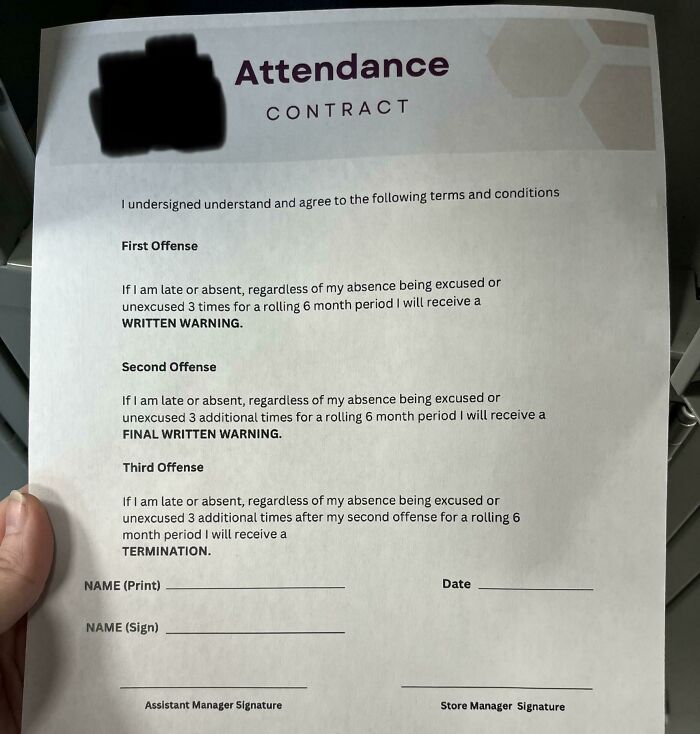 Attendance contract with strict written warnings and termination terms drafted by a delusional boss for employees to sign.