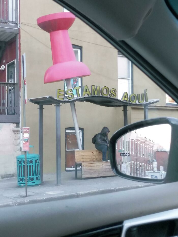 A Giant Pin In A Bus Stop