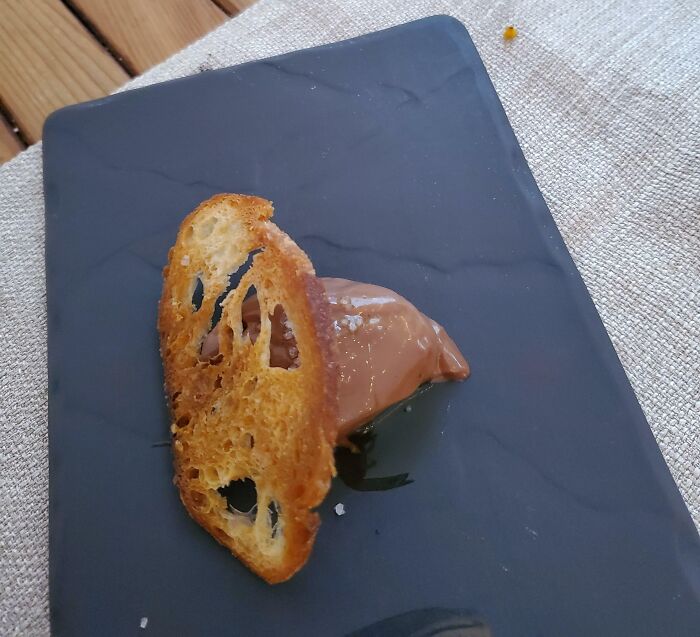 This Was My $15 Dessert At A Fancy Restaurant. A Tablespoon Of Ganache With A Crouton On Top