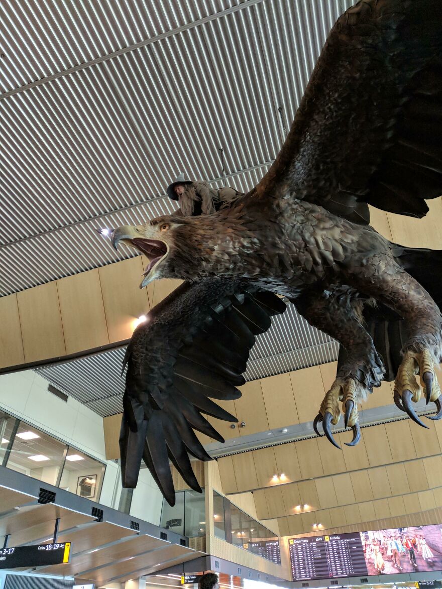 Gandalf on a massive bird airport decoration 